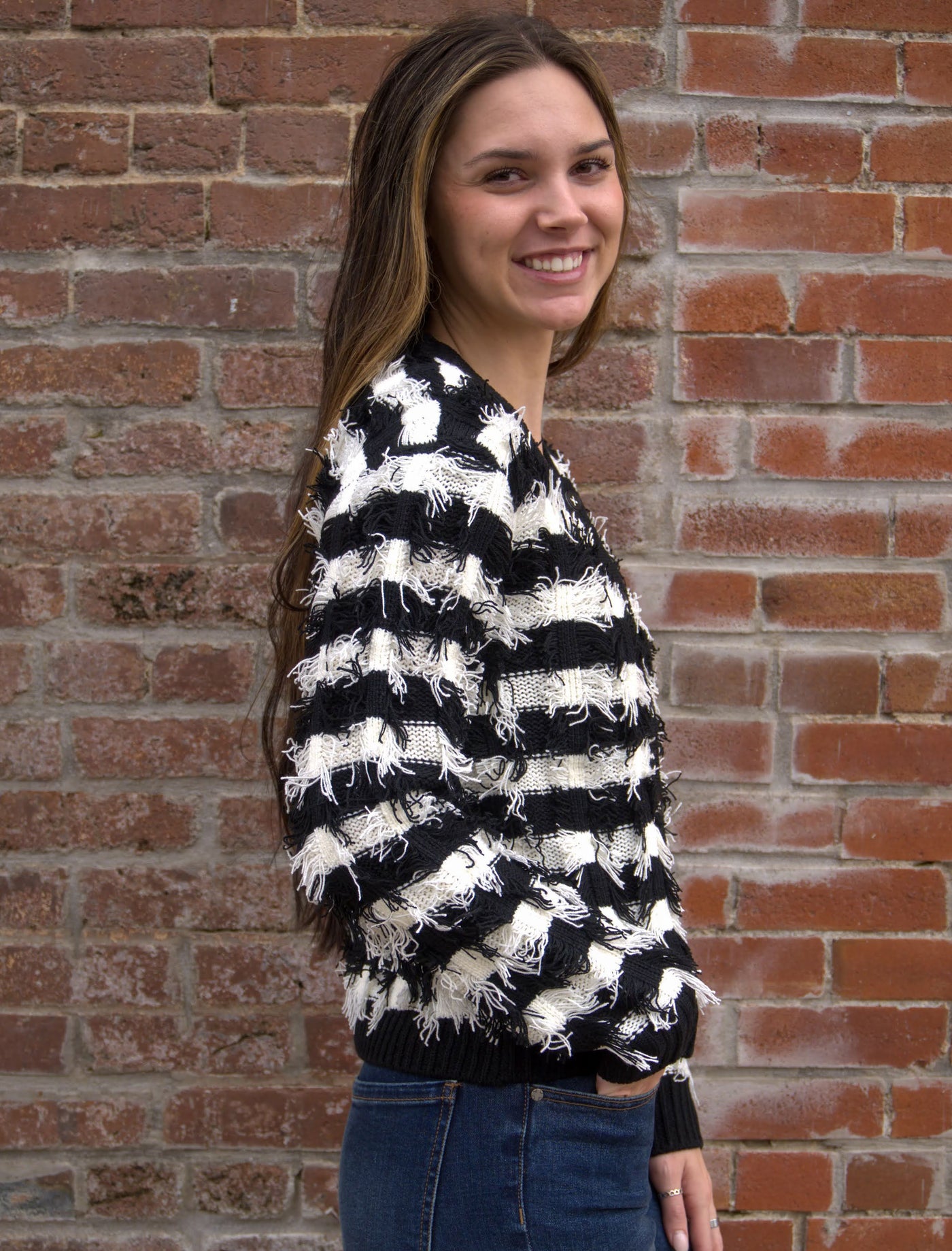 Liverpool Fringe Stripe Cardigan-Black & White,button down,Button Front,Cardigan,Cardigan Sweater,clothing,Cuffed Hem,Fringe,Fringe Details,Liverpool,Outerwear,Striped,Tops,Women,women's-[option4]-[option5]-[option6]-Bella Bliss Boutique in Texas