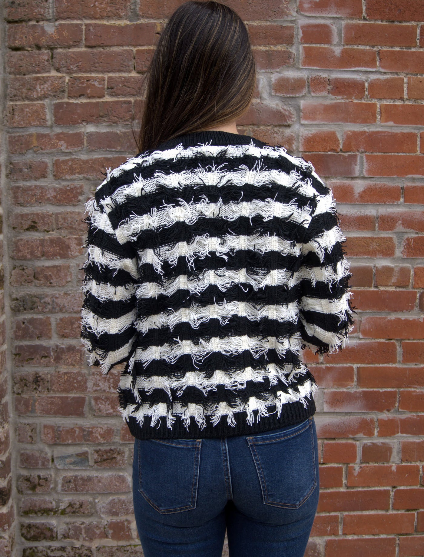 Liverpool Fringe Stripe Cardigan-Black & White,button down,Button Front,Cardigan,Cardigan Sweater,clothing,Cuffed Hem,Fringe,Fringe Details,Liverpool,Outerwear,Striped,Tops,Women,women's-[option4]-[option5]-[option6]-Bella Bliss Boutique in Texas