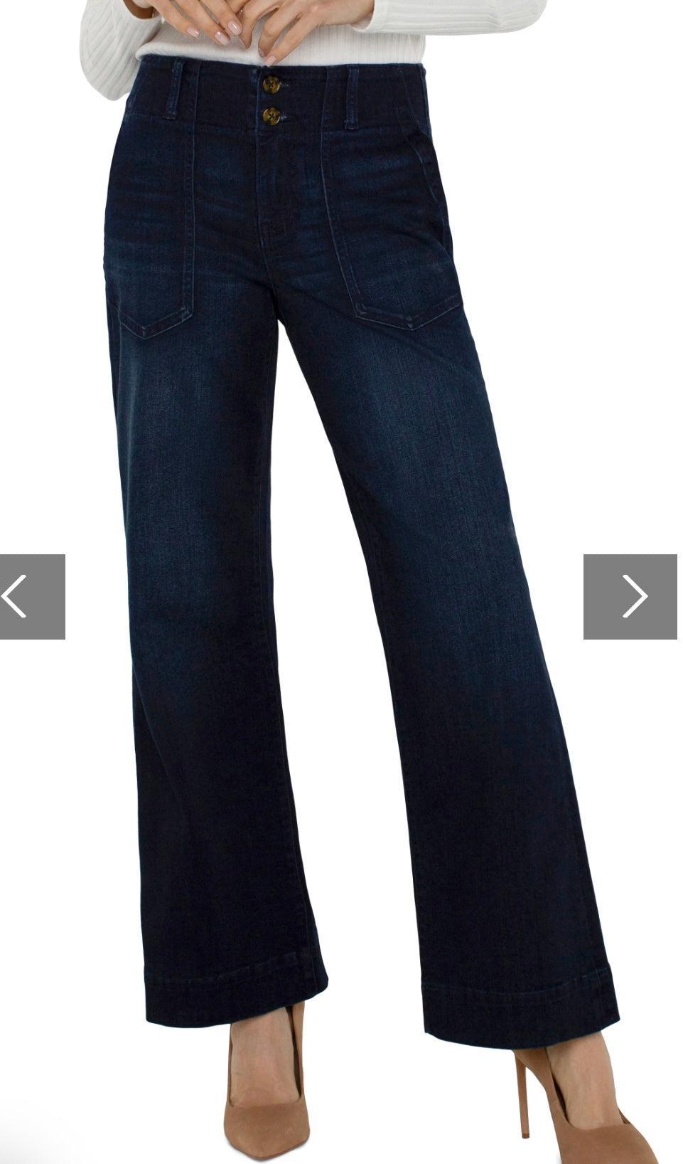 Liverpool Patch Pocket Wide Leg Trouser-Bottoms,denim,Flare,Liverpool,Mid Rise,navy blue,Utility Pockets,Wide Leg,Women,women's-[option4]-[option5]-[option6]-Bella Bliss Boutique in Texas