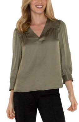 Liverpool Pleated Neck Woven Top-clothing,Pleated Neck,Spanish Olive,Top,Tops,Women,women's,Woven-[option4]-[option5]-[option6]-Bella Bliss Boutique in Texas
