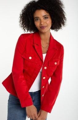 Liverpool Red Peplum Jacket-button down,Button Front,clothing,Coats & Jackets,jacket,Jackets,Outerwear,pockets,Top,Tops,Women,women's-[option4]-[option5]-[option6]-Bella Bliss Boutique in Texas