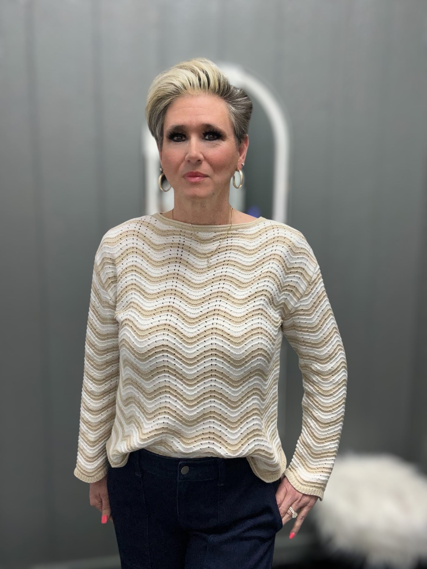 Liverpool Scallop Hem Wavy Sweater-Boat Neck,clothing,Lightweight Sweater,Long Sleeve,Sale,Scallop Hem,Sweater,Sweaters,Tan/Ivory Stripe,Top,Tops,Women,women's-S-[option4]-[option5]-[option6]-Bella Bliss Boutique in Texas