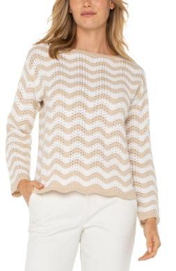 Liverpool Scallop Hem Wavy Sweater-Boat Neck,clothing,Lightweight Sweater,Long Sleeve,Sale,Scallop Hem,Sweater,Sweaters,Tan/Ivory Stripe,Top,Tops,Women,women's-[option4]-[option5]-[option6]-Bella Bliss Boutique in Texas