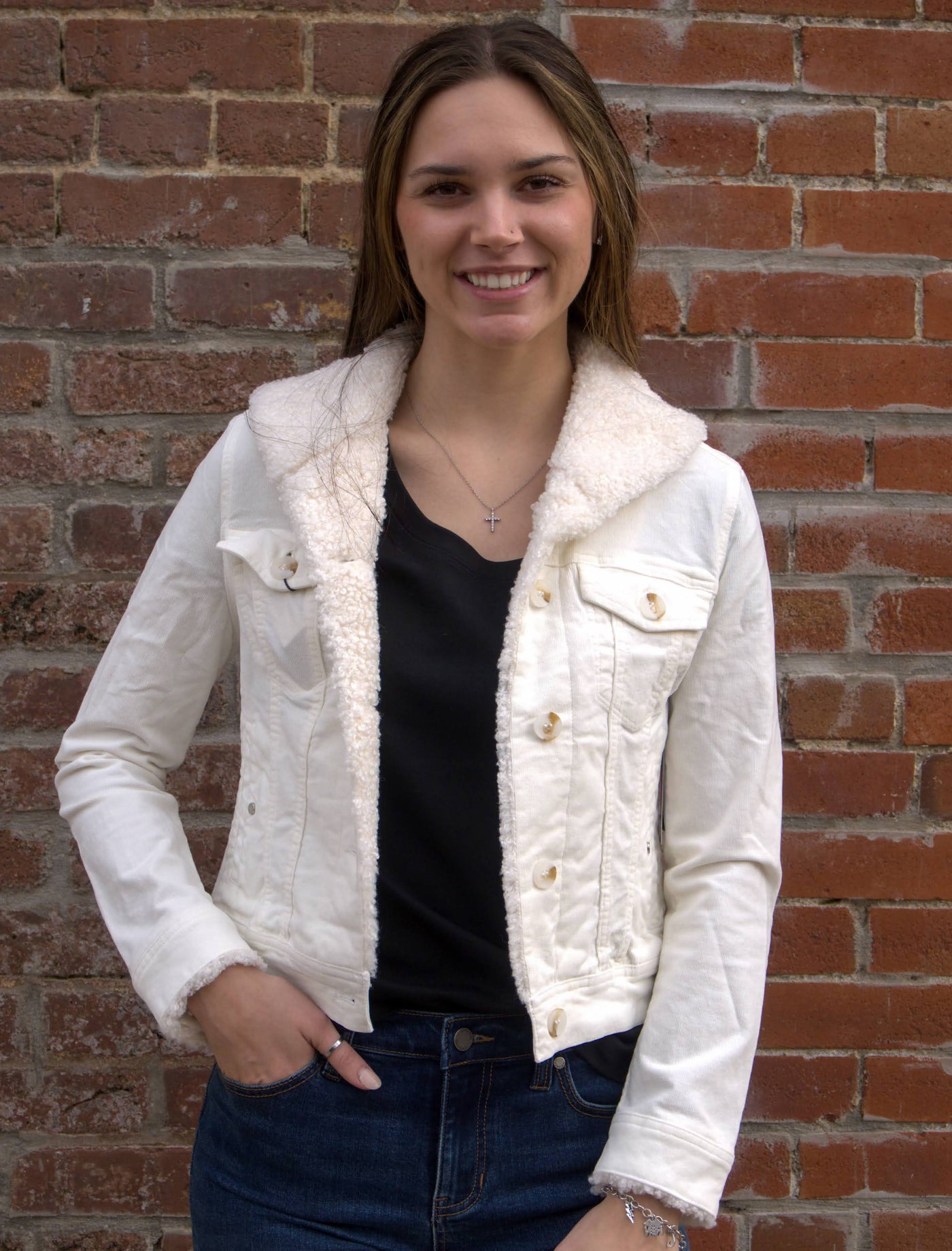 Liverpool Sherpa Collar Trucker Jacket-button down,Button Front,clothing,Coats & Jackets,Collared,Corduroy,Denim Jacket,jacket,Jackets,Liverpool,Outerwear,sherpa,Tops,Trucker Jacket,Women,women's-[option4]-[option5]-[option6]-Bella Bliss Boutique in Texas