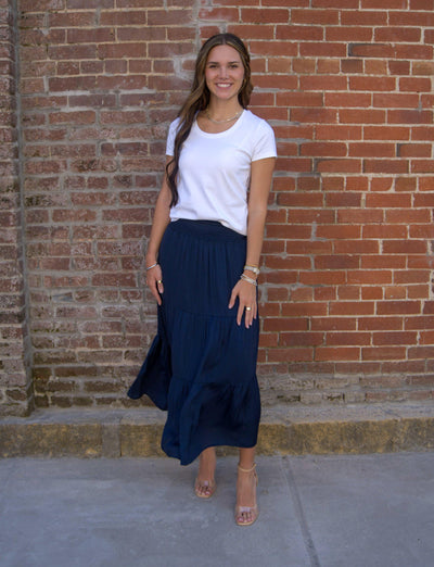 Liverpool Smocked Waist Tiered Maxi Skirt-Bottoms,clothing,Dark Navy,Maxi Skirt,Skirt,Skirts,smocked waist,Tiered,Women,women's,Woven-[option4]-[option5]-[option6]-Bella Bliss Boutique in Texas