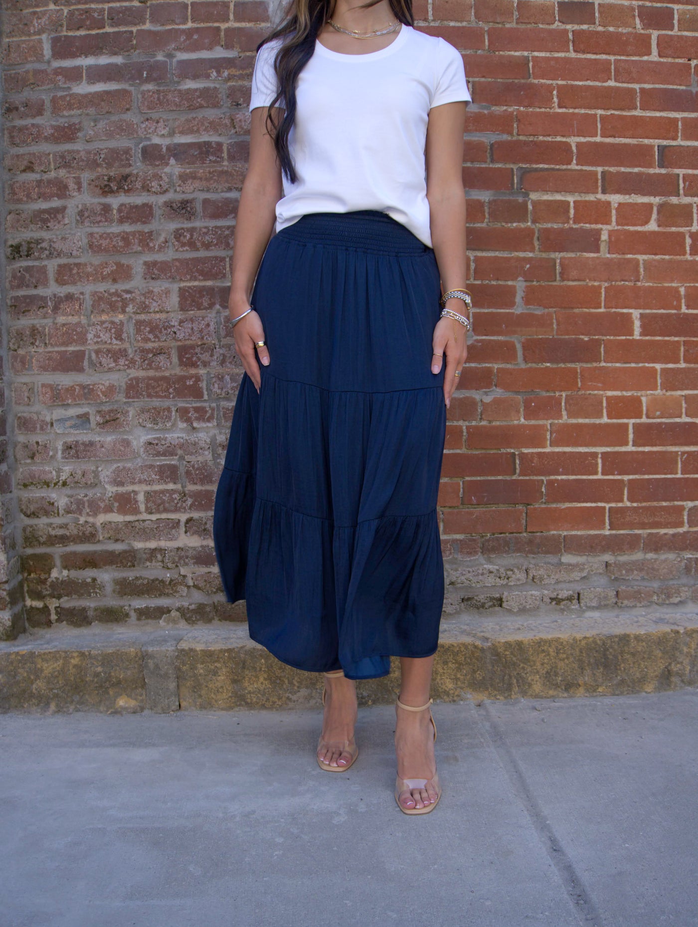 Liverpool Smocked Waist Tiered Maxi Skirt-Bottoms,clothing,Dark Navy,Maxi Skirt,Skirt,Skirts,smocked waist,Tiered,Women,women's,Woven-[option4]-[option5]-[option6]-Bella Bliss Boutique in Texas