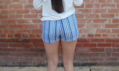 Liverpool Striped Pull-On Drawstring Shorts-3.5" Inseam,Bottoms,clothing,Drawstring,Drawstring Waist,Pull-On,stripe,Striped,White & Blue Stripe,Women,women's-[option4]-[option5]-[option6]-Bella Bliss Boutique in Texas