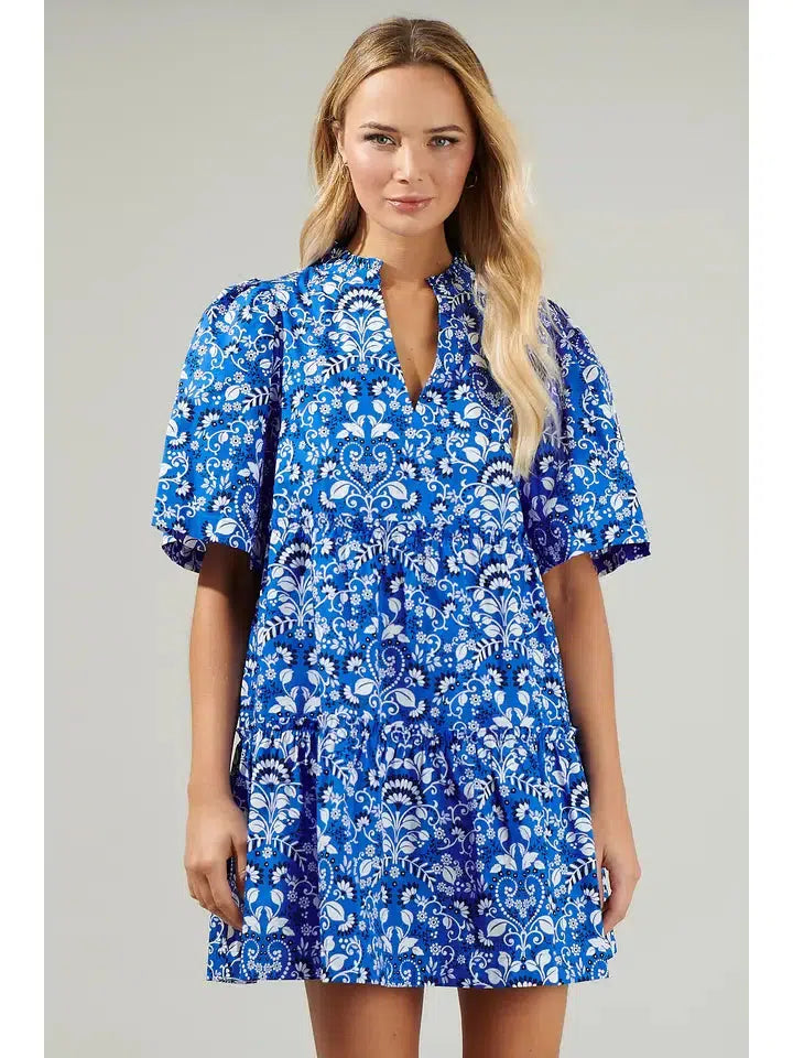 Lulu Floral Shift Dress-Blue, clothing, dress, dresses, Floral, Floral Print, Shift Dress, Short Sleeve, Split Neckline, White, Women, women's-[option4]-[option5]-[option6]-Bella Bliss Boutique in Texas