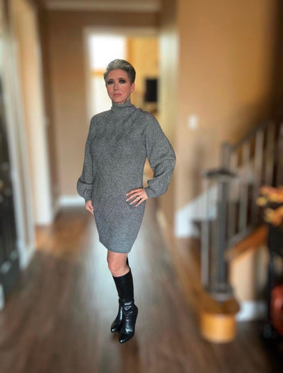 Luna Sweater Dress-Balloon Sleeve, clothing, dress, dresses, Heather Grey, Mock Neck, Sweater Dress, Women, women's-S-[option4]-[option5]-[option6]-Bella Bliss Boutique in Texas