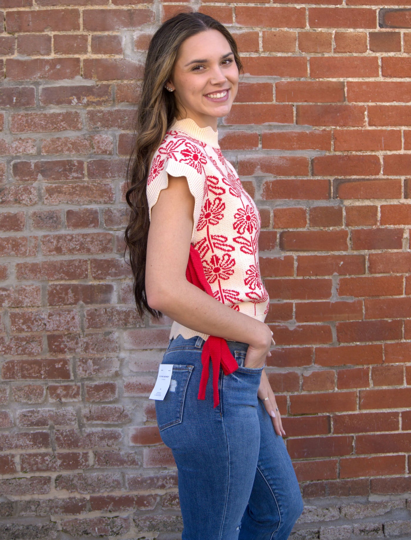 MOCK NECK FLORAL SWEATER VEST-&MERCI,Bow Detail,clothing,Floral,Floral Print,Knit Sweater,Ribbon Detail,Scallop Hem,Scallop Neckline,Scallop Trim,Scalloped,Short Sleeve Sweater,Sleeveless Sweater,Sweater,Sweaters,Women,women's-[option4]-[option5]-[option6]-Bella Bliss Boutique in Texas