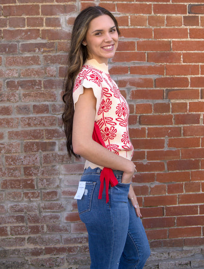 MOCK NECK FLORAL SWEATER VEST-&MERCI,Bow Detail,clothing,Floral,Floral Print,Knit Sweater,Ribbon Detail,Scallop Hem,Scallop Neckline,Scallop Trim,Scalloped,Short Sleeve Sweater,Sleeveless Sweater,Sweater,Sweaters,Women,women's-[option4]-[option5]-[option6]-Bella Bliss Boutique in Texas
