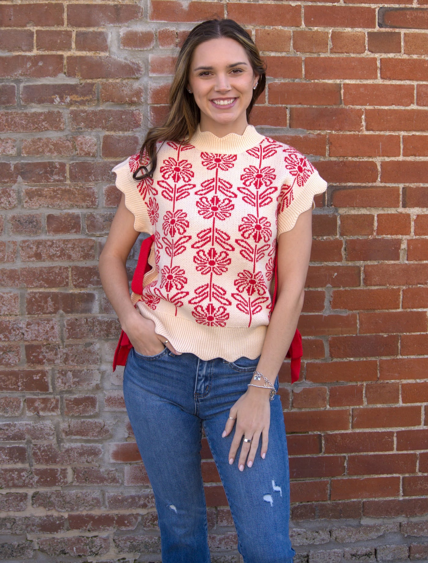 MOCK NECK FLORAL SWEATER VEST-&MERCI,Bow Detail,clothing,Floral,Floral Print,Knit Sweater,Ribbon Detail,Scallop Hem,Scallop Neckline,Scallop Trim,Scalloped,Short Sleeve Sweater,Sleeveless Sweater,Sweater,Sweaters,Women,women's-[option4]-[option5]-[option6]-Bella Bliss Boutique in Texas