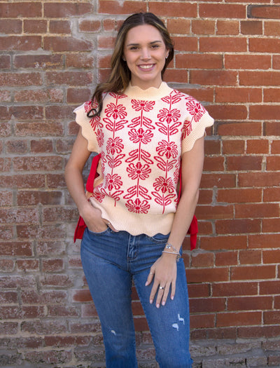 MOCK NECK FLORAL SWEATER VEST-&MERCI,Bow Detail,clothing,Floral,Floral Print,Knit Sweater,Ribbon Detail,Scallop Hem,Scallop Neckline,Scallop Trim,Scalloped,Short Sleeve Sweater,Sleeveless Sweater,Sweater,Sweaters,Women,women's-[option4]-[option5]-[option6]-Bella Bliss Boutique in Texas