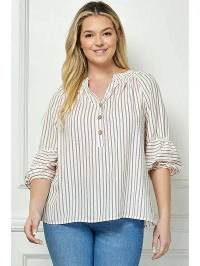 Mandarin Collar Smocked Top-3/4 Sleeve, 3/4 sleeves, Blue, clothing, Copper, Cream, Cream/Copper, Curvy, Ivory, Ivory/Blue, Mandarin Collar, Smocking, stripe, Striped, Top, Tops-[option4]-[option5]-[option6]-Bella Bliss Boutique in Texas