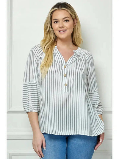 Mandarin Collar Smocked Top-3/4 Sleeve, 3/4 sleeves, Blue, clothing, Copper, Cream, Cream/Copper, Curvy, Ivory, Ivory/Blue, Mandarin Collar, Smocking, stripe, Striped, Top, Tops-[option4]-[option5]-[option6]-Bella Bliss Boutique in Texas