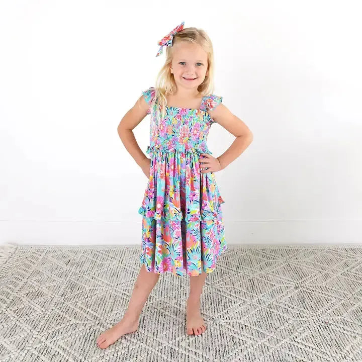 Megan Floral Smocked Dress-Bamboo,Children & Tweens,children's,clothing,dress,dresses,Floral Print,Infant to 6,Ruffle Detail,Ruffle Sleeve,smocked,smocked Detail,Tiered,Toddler Dress,Toddler Dresses,Tweens 7-14-[option4]-[option5]-[option6]-Bella Bliss Boutique in Texas