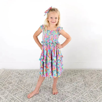 Megan Floral Smocked Dress-Bamboo,Children & Tweens,children's,clothing,dress,dresses,Floral Print,Infant to 6,Ruffle Detail,Ruffle Sleeve,smocked,smocked Detail,Tiered,Toddler Dress,Toddler Dresses,Tweens 7-14-[option4]-[option5]-[option6]-Bella Bliss Boutique in Texas