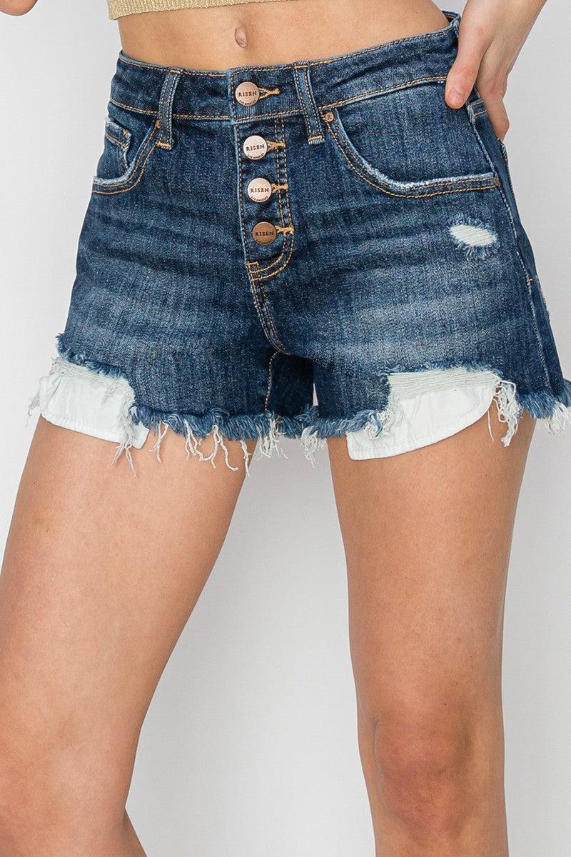 Mid Rise Button Down Shorts-Bottoms,Button Fly,Button Front,clothing,Dark Wash,denim,Denim Shorts,Jean Shorts,Mid-Rise,shorts,Women,women's-S-[option4]-[option5]-[option6]-Bella Bliss Boutique in Texas