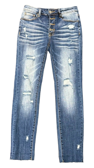 Mid Rise Button Fly Skinny Jeans-Bottoms, Button Fly, clothing, denim, Distressed, Jeans, Medium Wash, Mid-Rise, Sale, Skinny Jeans, Women, women's-3/26-[option4]-[option5]-[option6]-Bella Bliss Boutique in Texas