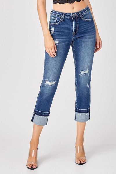Mid Rise Cuffed Straight Jeans-Bottoms, clothing, Cuffed, Curvy, Dark Wash, denim, Jeans, Pants, Straight Jeans-1XL-[option4]-[option5]-[option6]-Bella Bliss Boutique in Texas