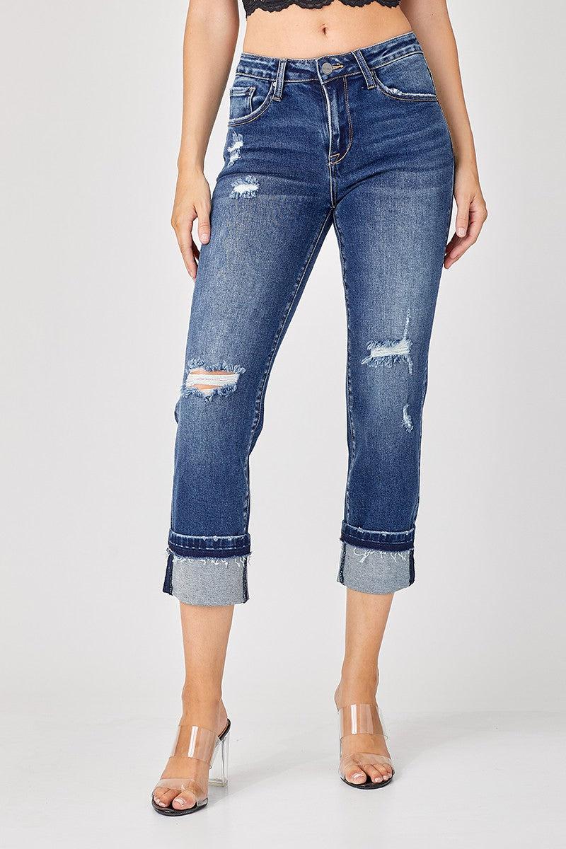 Mid Rise Cuffed Straight Jeans-Bottoms, clothing, Cuffed, Dark Wash, denim, Jeans, Mid Rise, Sale, Straight Jeans, Women, women's-7/28-[option4]-[option5]-[option6]-Bella Bliss Boutique in Texas