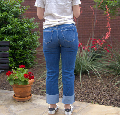 Mid Rise Cuffed Straight Jeans-Bottoms,clothing,Cuffed Jeans,Dark Wash,denim,Jeans,Mid Rise,Scissor Cut,Straight Jeans,Women,women's-[option4]-[option5]-[option6]-Bella Bliss Boutique in Texas