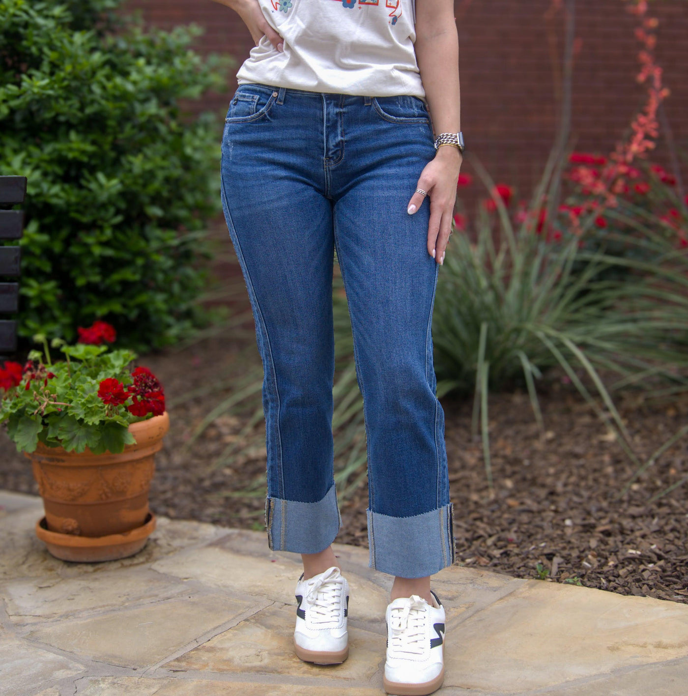 Mid Rise Cuffed Straight Jeans-Bottoms,clothing,Cuffed Jeans,Dark Wash,denim,Jeans,Mid Rise,Scissor Cut,Straight Jeans,Women,women's-[option4]-[option5]-[option6]-Bella Bliss Boutique in Texas