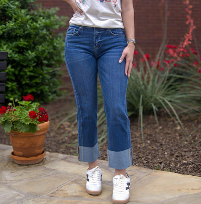 Mid Rise Cuffed Straight Jeans-Bottoms,clothing,Cuffed Jeans,Dark Wash,denim,Jeans,Mid Rise,Scissor Cut,Straight Jeans,Women,women's-[option4]-[option5]-[option6]-Bella Bliss Boutique in Texas