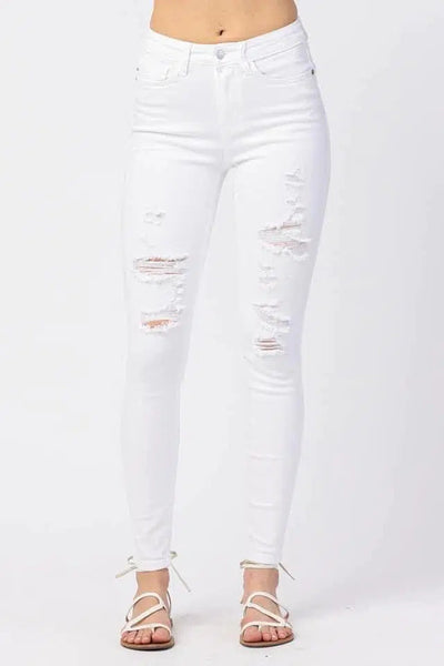 Mid-Rise Destroyed Skinny Jeans-Bottoms, clothing, Curvy, denim, Destroyed, Jeans, Mid-Rise, Pants, Sale, Skinny Jeans, White, White Denim, White Jeans-15/32-[option4]-[option5]-[option6]-Bella Bliss Boutique in Texas