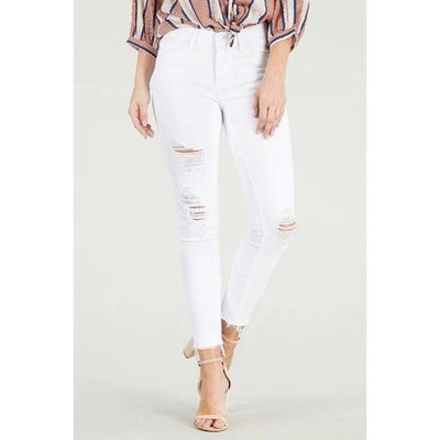 Mid Rise Distressed Skinny Jeans-Bottoms, clothing, denim, Distressed, Jeans, Mid-Rise, Pants, Raw Hem, Sale, Skinny Jeans, White, White Denim, White Jeans, Women, women's-3/26-[option4]-[option5]-[option6]-Bella Bliss Boutique in Texas
