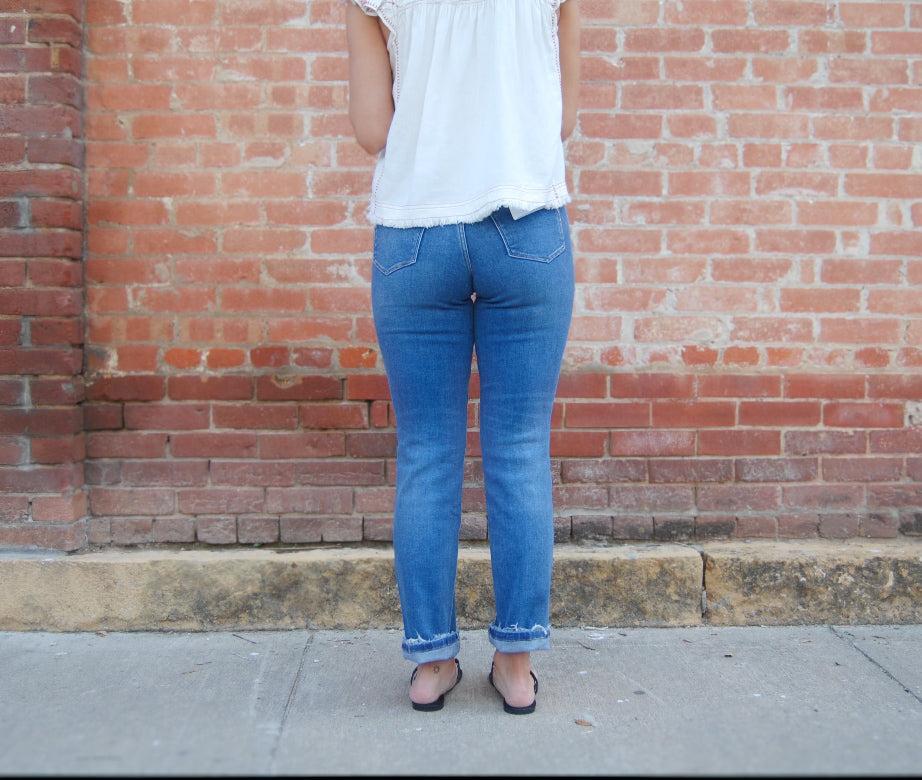 Mid-Rise Straight Jeans-Bottoms,clothing,denim,Dumbfounding,Jeans,Mid-Rise,Slightly Distressed,Straight Jeans,Straight Leg,Women,women's-[option4]-[option5]-[option6]-Bella Bliss Boutique in Texas