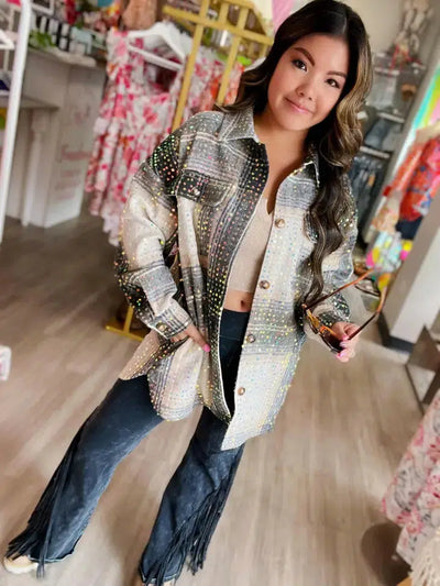 Mika Mocha Sequin Plaid Shacket-clothing, Coats & Jackets, jacket, Mocha, Sequin, Sequin Detail, Shacket, Women, women's-S-[option4]-[option5]-[option6]-Bella Bliss Boutique in Texas