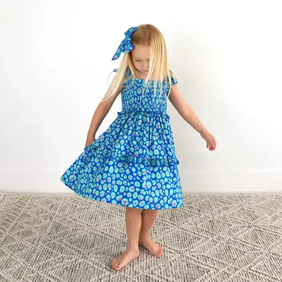 Miley Leopard Smocked Dress-Bamboo,Blue,Children & Tweens,children's,clothing,Infant to 6,Leopard Print,Ruffle Detail,smocked,Tiered,Tiered Dress,Tweens 7-14-[option4]-[option5]-[option6]-Bella Bliss Boutique in Texas