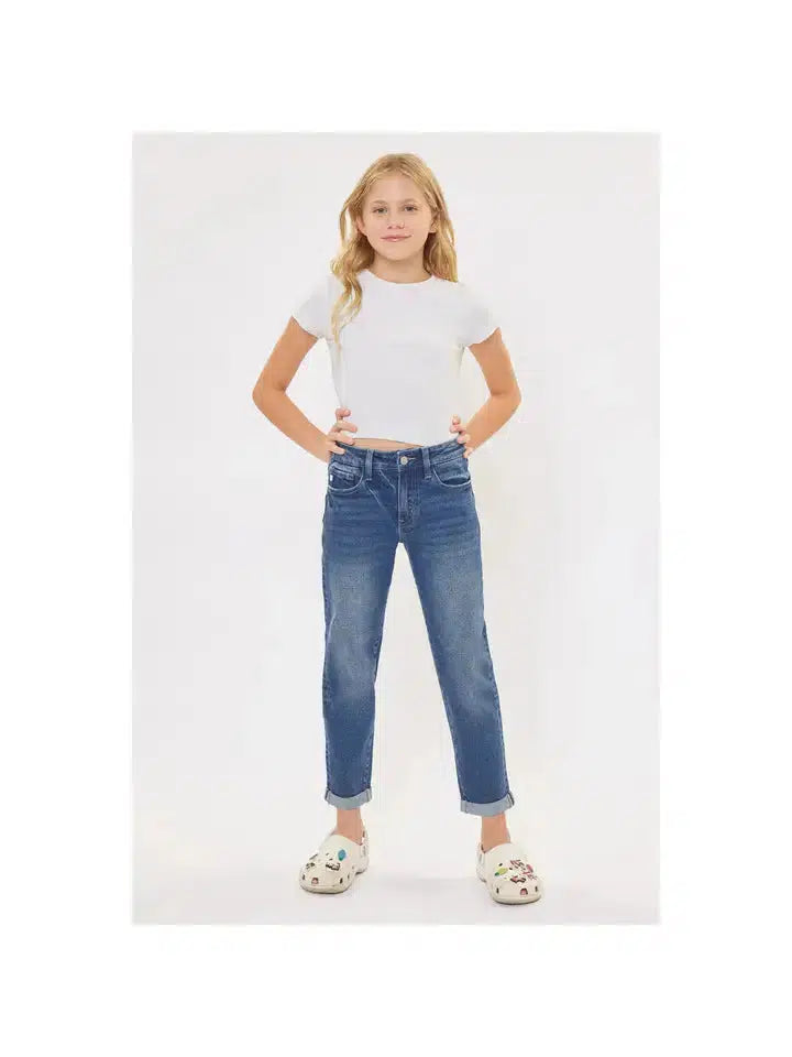 Mini Mom Fit Cuffed Jeans-Bottoms,Children & Tweens,children's,Childrens/Tween,clothing,Cuffed,Cuffed Jeans,denim,Infant to 6,Jeans,Medium Wash,Tweens 7-14-[option4]-[option5]-[option6]-Bella Bliss Boutique in Texas