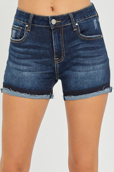 Mis Rise Cuffed Shorts - S-Bottoms, clothing, Dark Wash, denim, Denim Shorts, Jean Shorts, Sale, shorts, Women, women's-[option4]-[option5]-[option6]-Bella Bliss Boutique in Texas