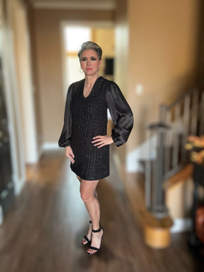 Mixed Media Tweed Dress-Black, clothing, dress, dresses, Long Sleeve, Mini Dress, Mixed Media, Tweed, Women, women's-XS-[option4]-[option5]-[option6]-Bella Bliss Boutique in Texas