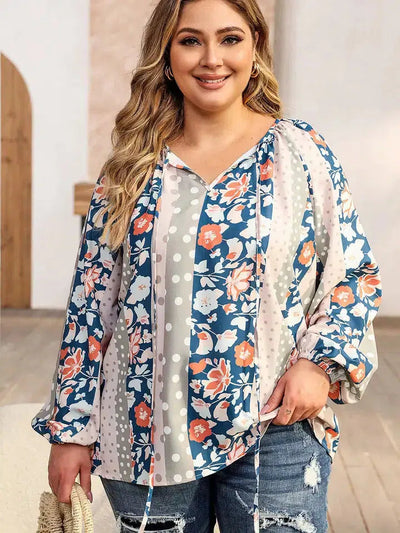 Mixed Print Split Neck Top-clothing, Curvy, Mixed Print, Multi Color, Split Neck, Split Neckline, Tie Neck, Top, Tops-[option4]-[option5]-[option6]-Bella Bliss Boutique in Texas