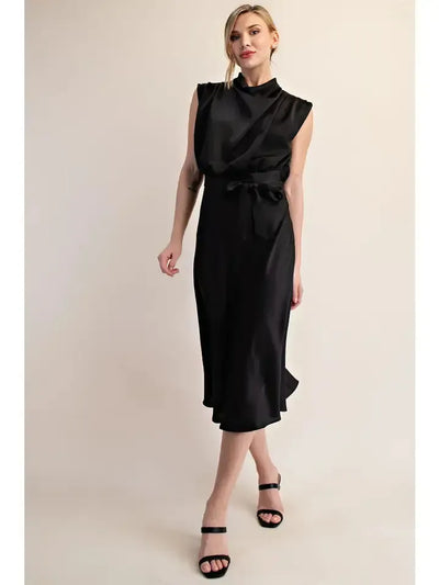 Mock Neck Midi Dress-Black,Blue,clothing,dress,dresses,Midi Dress,Mock Neck,Sleeveless,Tie Waist,Tie Waist Detail,Women,women's-Black-S-[option4]-[option5]-[option6]-Bella Bliss Boutique in Texas