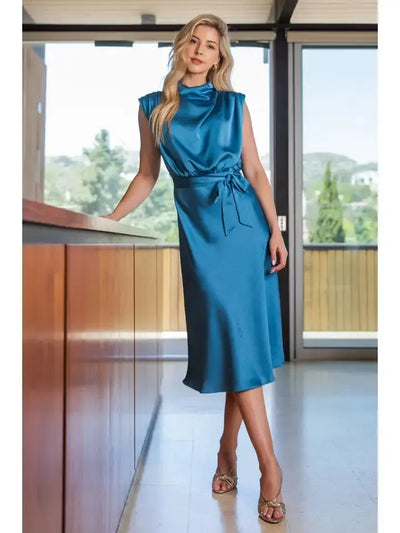 Mock Neck Midi Dress-Black,Blue,clothing,dress,dresses,Midi Dress,Mock Neck,Sleeveless,Tie Waist,Tie Waist Detail,Women,women's-Blue-S-[option4]-[option5]-[option6]-Bella Bliss Boutique in Texas
