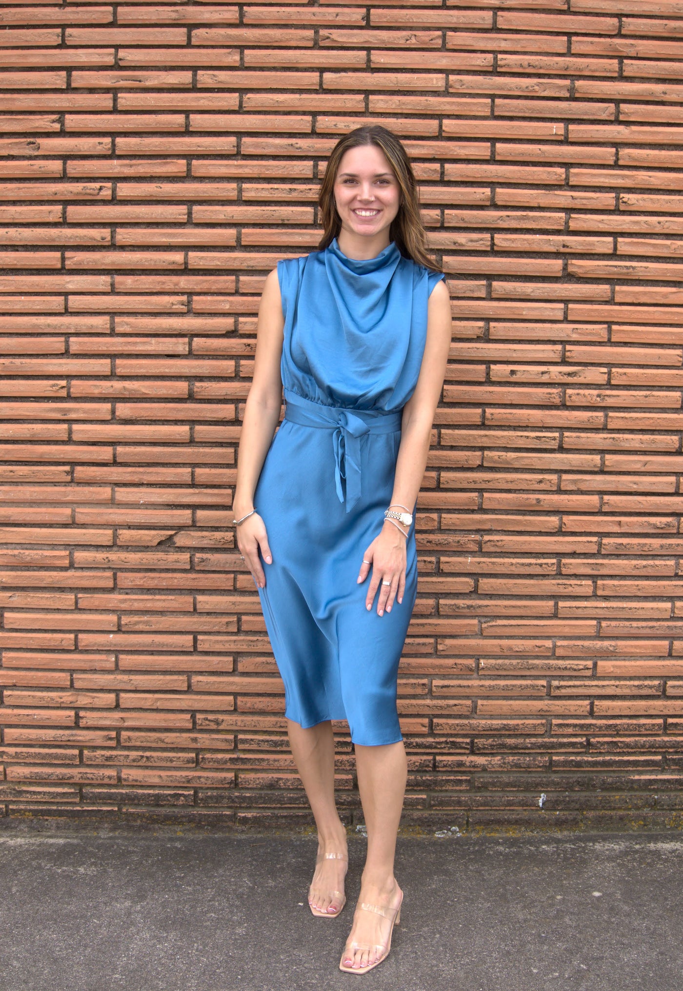 Mock Neck Midi Dress-Black,Blue,clothing,dress,dresses,Midi Dress,Mock Neck,Sleeveless,Tie Waist,Tie Waist Detail,Women,women's-Blue-S-[option4]-[option5]-[option6]-Bella Bliss Boutique in Texas