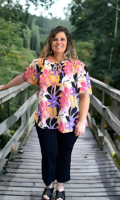 Multi-Floral Front Tie Top-clothing, Curvy, spring, Tops-1X-[option4]-[option5]-[option6]-Bella Bliss Boutique in Texas
