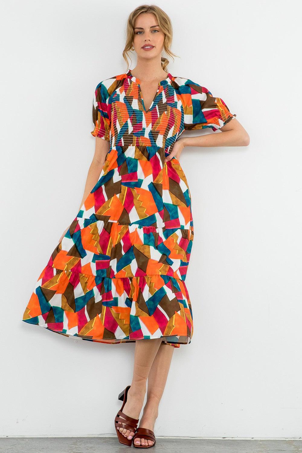 Multicolor Print Tiered Dress-clothing, dress, dresses, Maxi Dress, Multicolor, Ruffle Detail, smocked, smocked Detail, Women, women's-[option4]-[option5]-[option6]-Bella Bliss Boutique in Texas