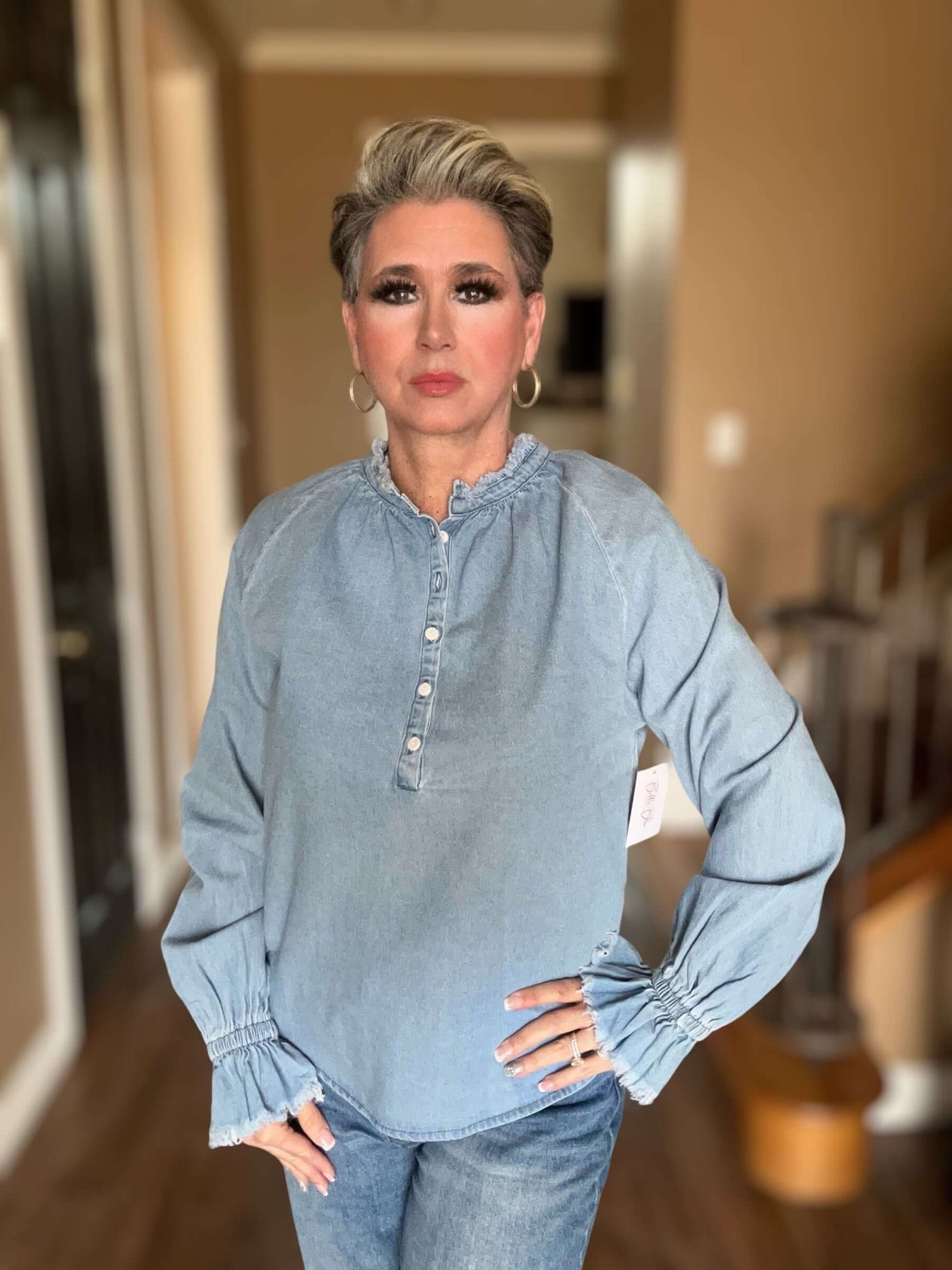 Natasha Denim Top-Button Detail,clothing,denim,Frayed Cuffs,Frayed Neckline,Long Sleeve,Sale,Sky Blue,Top,Tops,Women,women's-[option4]-[option5]-[option6]-Bella Bliss Boutique in Texas