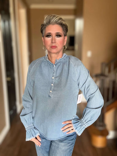 Natasha Denim Top-Button Detail,clothing,denim,Frayed Cuffs,Frayed Neckline,Long Sleeve,Sale,Sky Blue,Top,Tops,Women,women's-[option4]-[option5]-[option6]-Bella Bliss Boutique in Texas