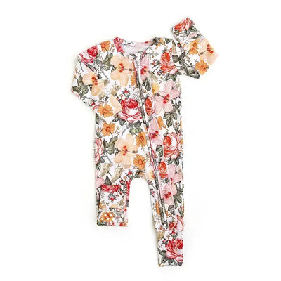 Nella Ruffle Zip Bamboo Sleeper-Bamboo,Children & Tweens,children's,clothing,Floral Print,Infant to 6,Ruffle Detail,Sleeper,sleeper with footie-NB-[option4]-[option5]-[option6]-Bella Bliss Boutique in Texas