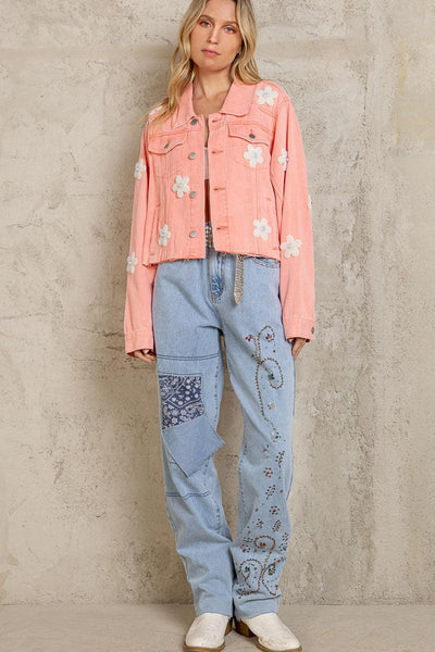 Neon Papaya Jacket-Clothing, Embroidered Detail, Jackets, Neon Papaya, Outerwear, Raw Edge, Women's-[option4]-[option5]-[option6]-Bella Bliss Boutique in Texas