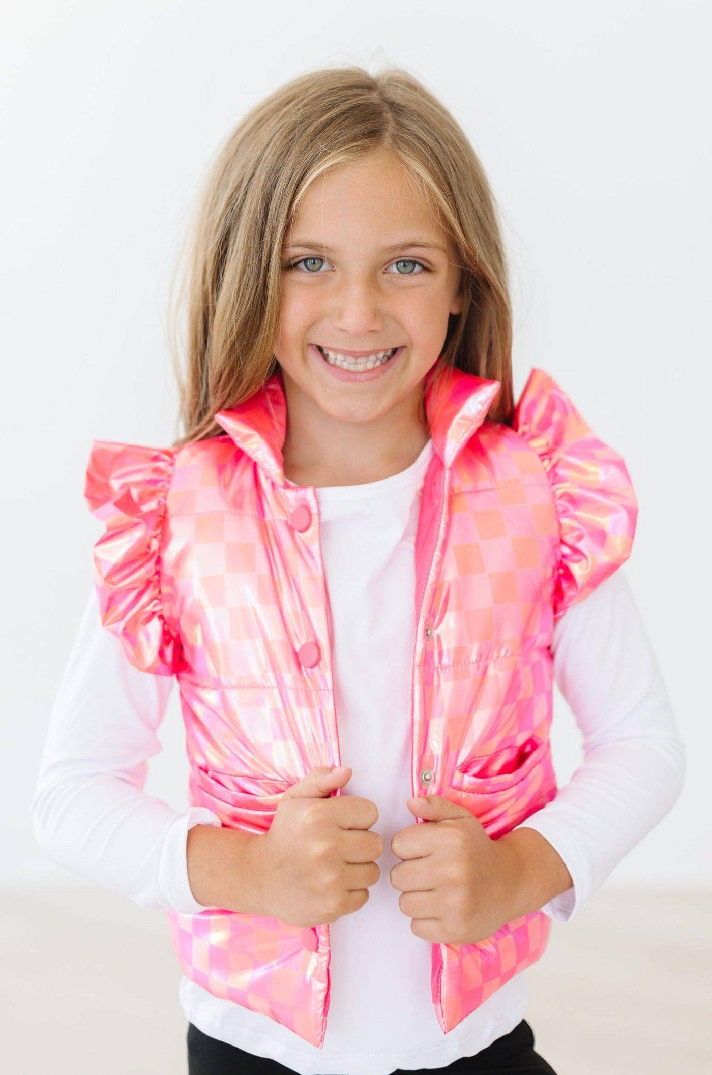Neon Pink Checker Puffer Vest-Children & Tweens,children's,Childrens/Tween,clothing,Infant to 6,Lightweight Puffer,mila and rose,Ruffle Detail,Ruffle Sleeve,Ruffled Shoulder,Top,Tops,Tween 7-14,Tweens 7-14,Vest-[option4]-[option5]-[option6]-Bella Bliss Boutique in Texas