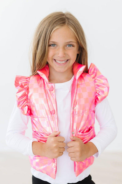 Neon Pink Checker Puffer Vest-Children & Tweens,children's,Childrens/Tween,clothing,Infant to 6,Lightweight Puffer,mila and rose,Ruffle Detail,Ruffle Sleeve,Ruffled Shoulder,Top,Tops,Tween 7-14,Tweens 7-14,Vest-[option4]-[option5]-[option6]-Bella Bliss Boutique in Texas