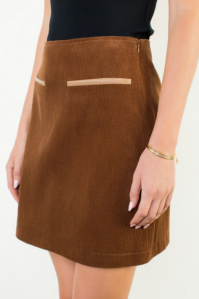 Oaklyn Corduroy Mini Skirt-Brown,clothing,Corduroy,cotton,Faux Leather,Faux Pockets,Mini Skirt,Skirt,Skirts,THML,Women,women's-XS-[option4]-[option5]-[option6]-Bella Bliss Boutique in Texas