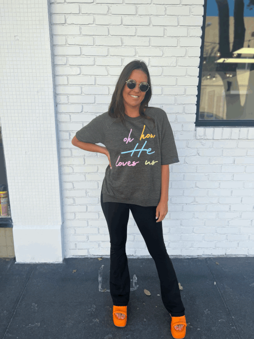 Oh How He Loves Us Tee-Berry, Charcoal, clothing, Oh How He Loves Us, T-Shirt, Top, Tops, Women, women's-Charcoal-XS-[option4]-[option5]-[option6]-Bella Bliss Boutique in Texas